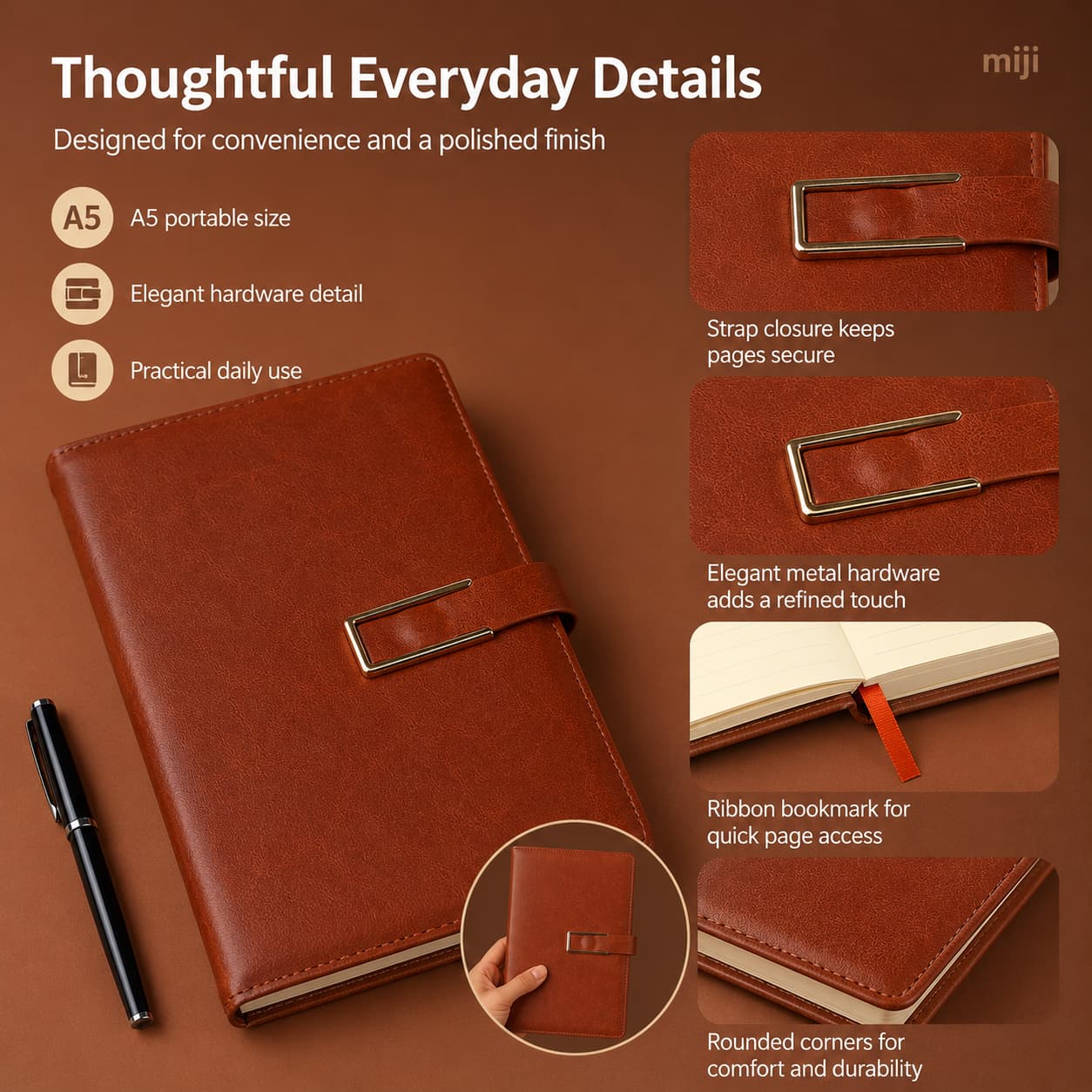 A5 PU notebook showing metal clasp, strap closure, stitched edges, and portable size.