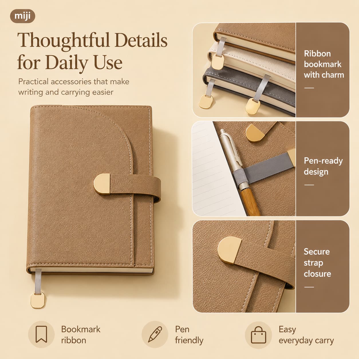 A5 notebook showing bookmark charm, secure clasp and pen-friendly loop details for daily use.