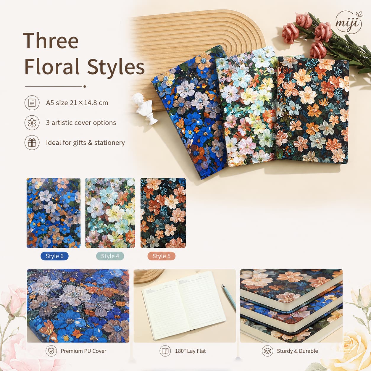 Three A5 floral notebook cover options labeled Style 6, Style 4 and Style 5 with product detail views.