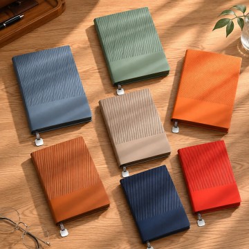 Custom A5 Striped PU Hardcover Notebook with Metal Ribbon Bookmark and Optional Side Pen Holder