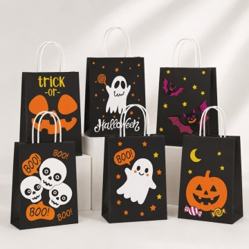 Custom Black Halloween Paper Gift Bags | Ghost, Pumpkin & Bat Party Packaging