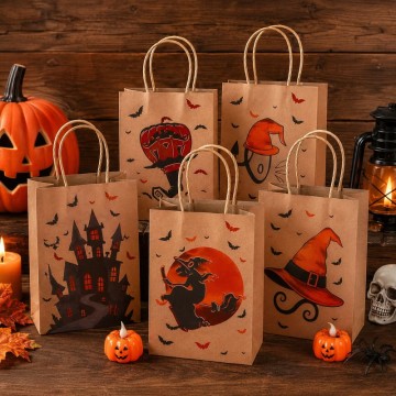 Custom Kraft Halloween Paper Gift Bags | Witch & Haunted House Party Favor Packaging