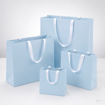 Custom Light Blue Paper Gift Bags with White Ribbon Handles