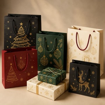 Custom Luxury Gold Christmas Paper Gift Bags | Premium Holiday Packaging