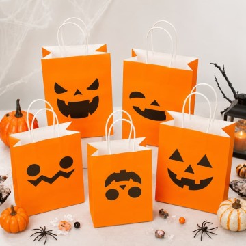 Custom Orange Pumpkin Halloween Paper Gift Bags | Trick-or-Treat Packaging