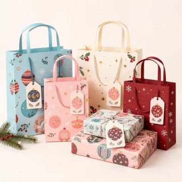 Custom Pastel Holiday Paper Gift Bags | Coordinated Christmas Packaging