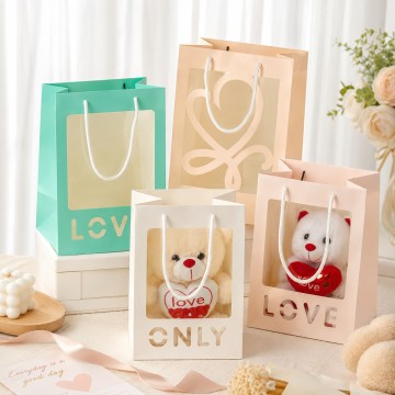 Custom Pastel Window Paper Gift Bags | Plush Toy & Gift Packaging