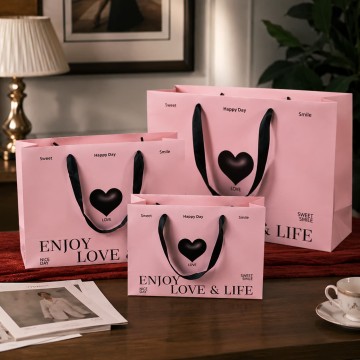 Custom Pink Heart Paper Gift Bags with Black Ribbon Handles
