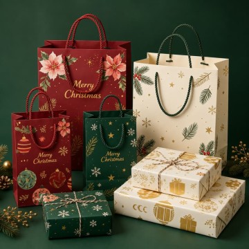 Custom Red, Green & Ivory Christmas Paper Gift Bags