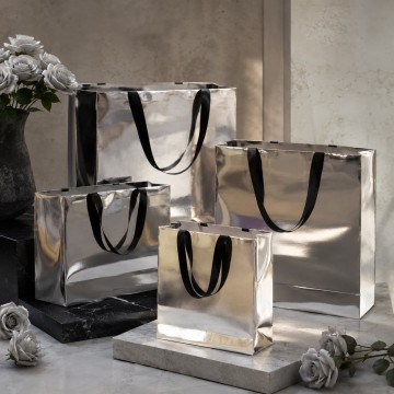 Custom Silver Mirror Metallic Paper Gift Bags | Luxury Retail & Gifting Packaging