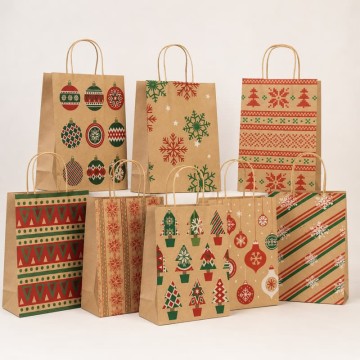 Custom Vintage Christmas Kraft Paper Gift Bags | Seasonal Retail Packaging