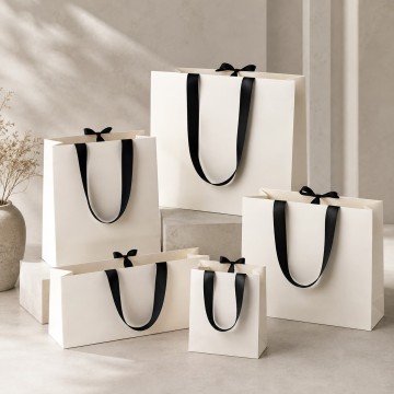 Custom White Ribbon Handle Paper Gift Bags | Luxury Boutique Packaging