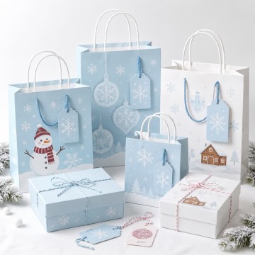 Custom Winter Paper Gift Bags | Snowman & Snowflake Packaging