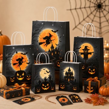 Custom Witch & Moon Halloween Paper Gift Bags | Trick-or-Treat Packaging