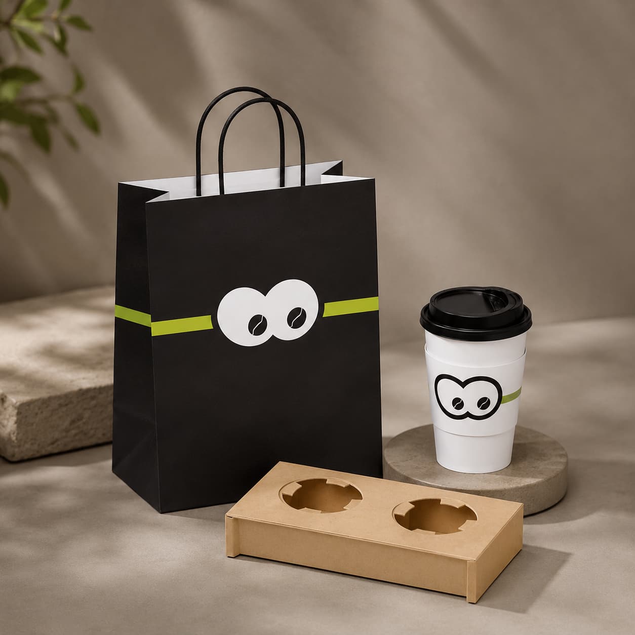 Branded Paper Bag and Coffee Cup Display