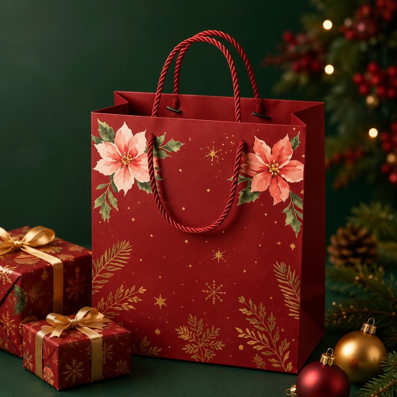 Red Poinsettia Christmas Gift Bag