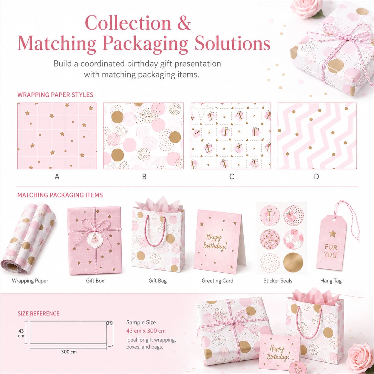 Wrapping paper design extended to matching gift bag, gift box, card, sticker, and tag concepts.