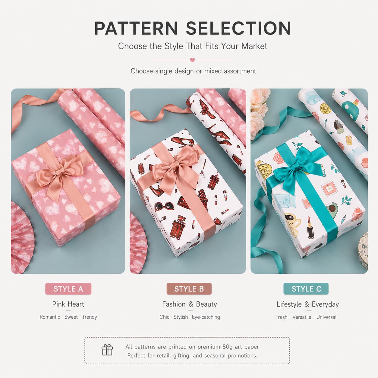 Three current styles for single-design or mixed-assortment planning.