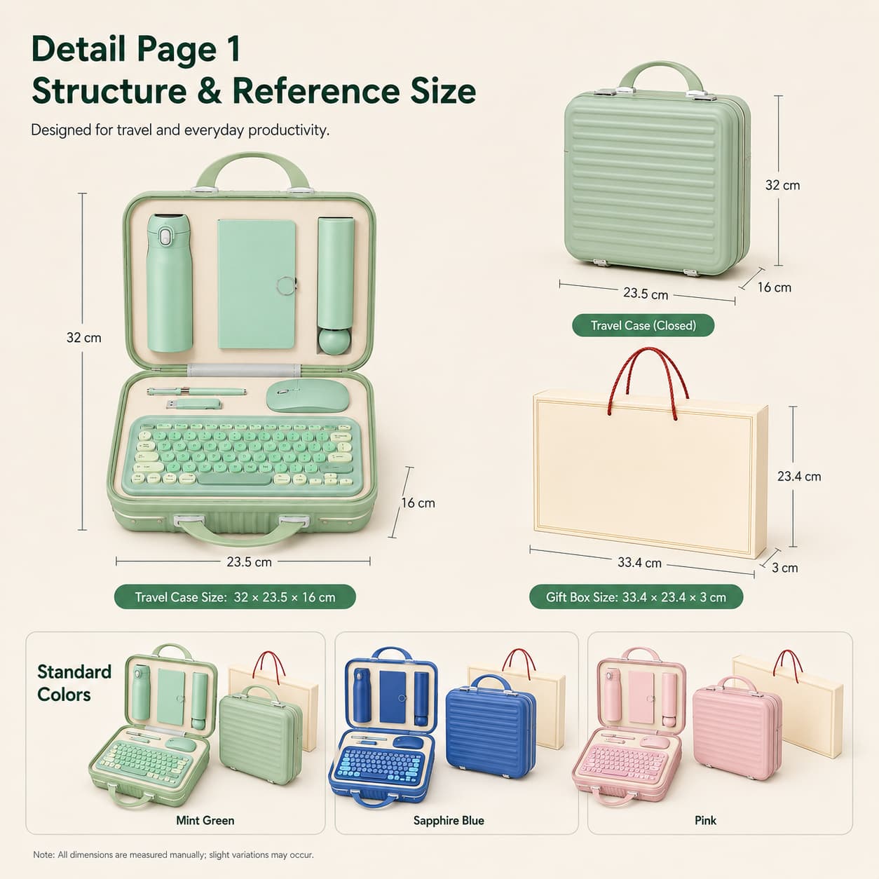 office gift set showing travel case and gift box reference sizes with mint green sapphire blue and pink color options