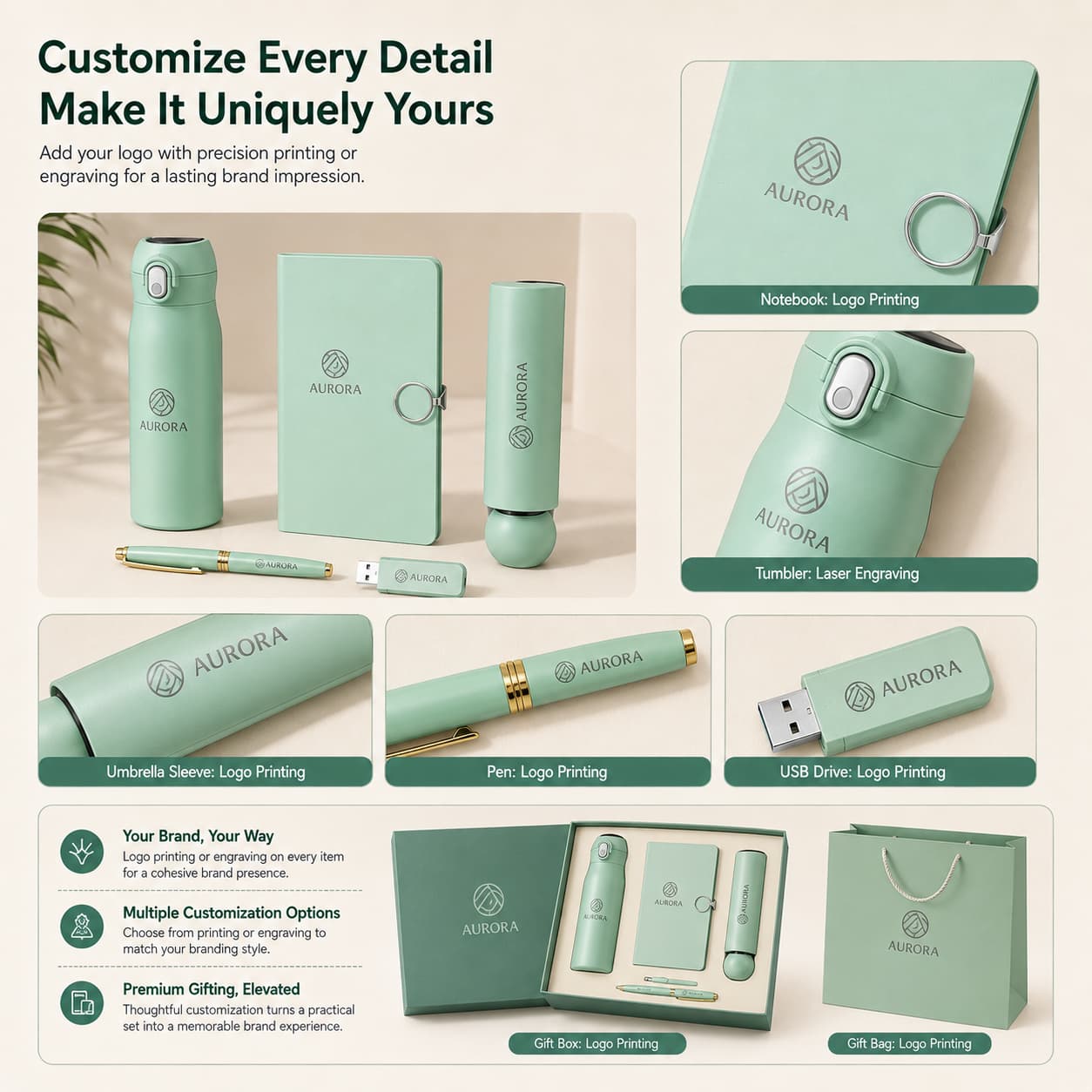 custom branded office gift set with logo applications on notebook tumbler umbrella pen USB drive gift box and bag