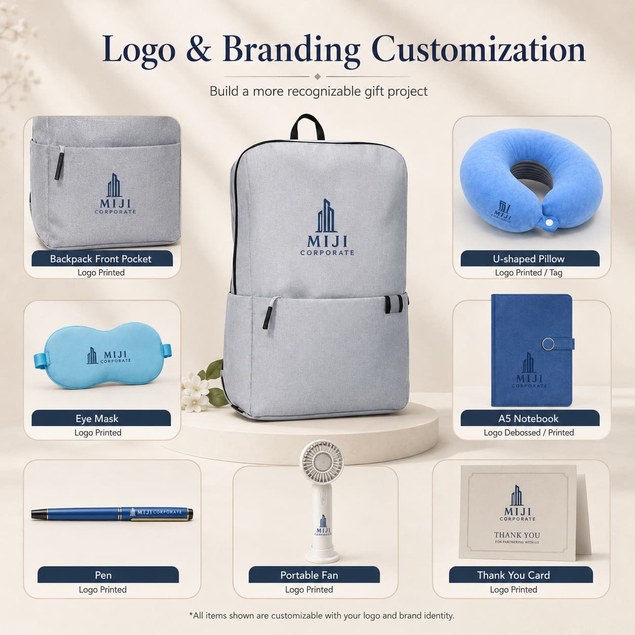 custom logo applications on a business backpack gift set