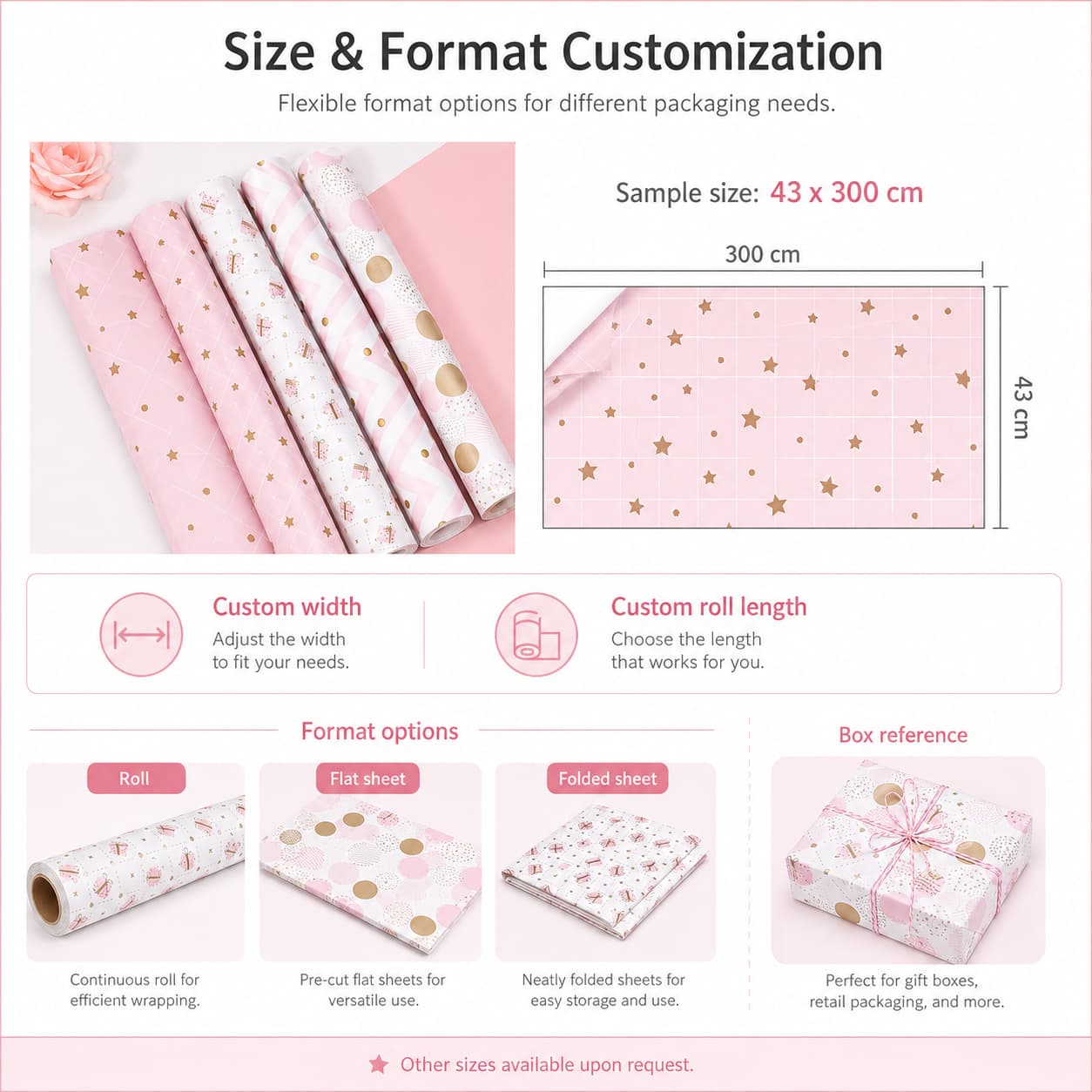 detail-02-size-format-cusGift wrapping paper with size reference and roll, flat-sheet, and folded-sheet options.tomization