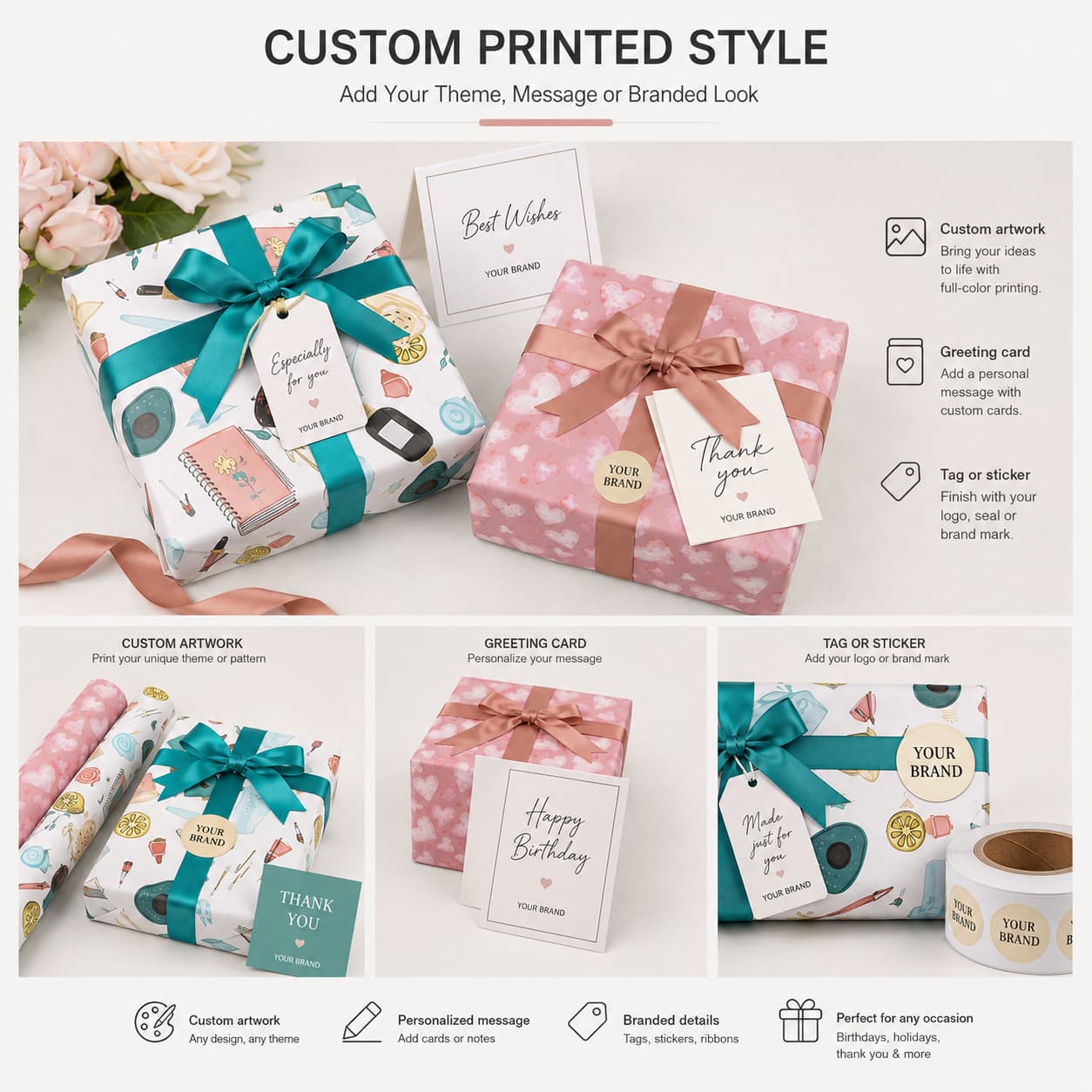 Custom printed wrap with message cards, tags, and branded details.