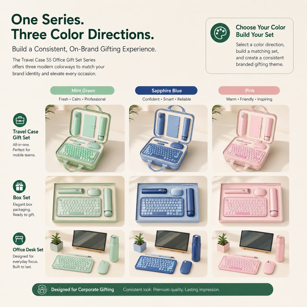 office gift set collection in mint green sapphire blue and pink with matching case box and desk arrangements