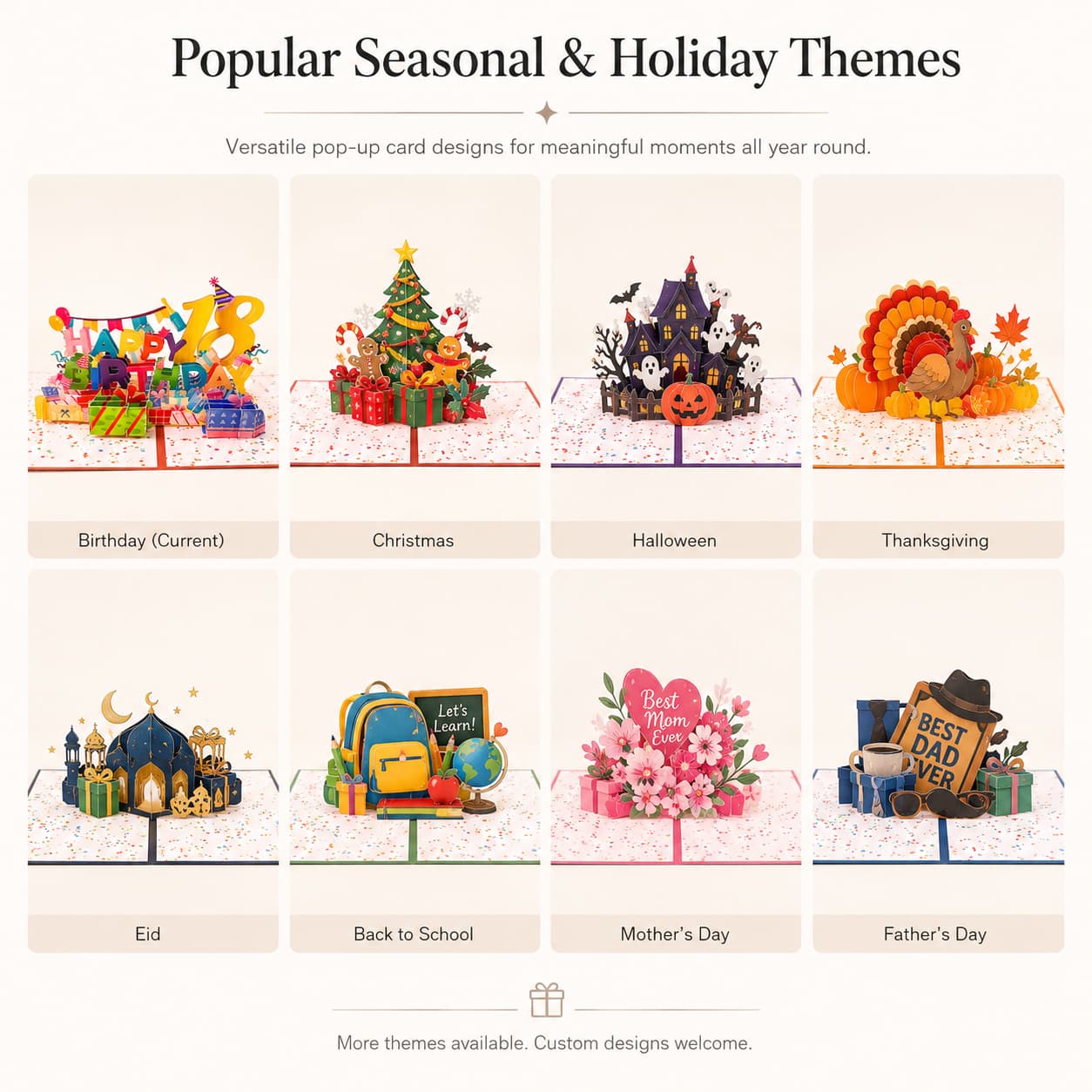 Detail image showing seasonal and holiday pop-up card themes for overseas occasions and year-round gifting.