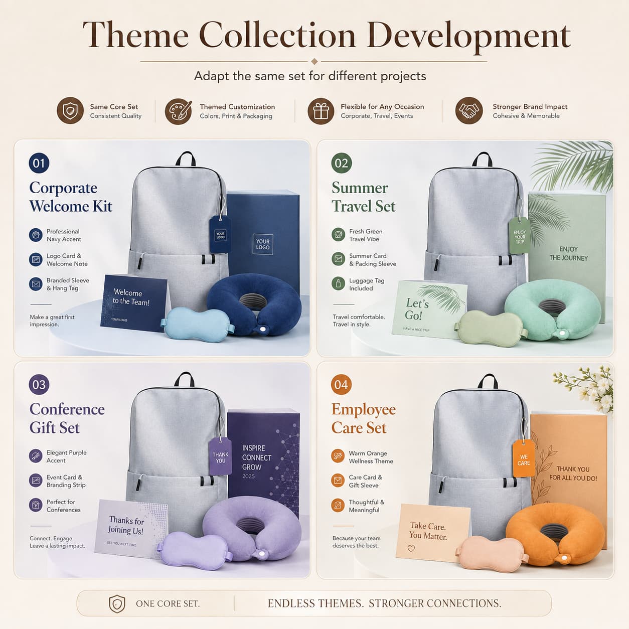 themed versions of a business backpack gift set for different projects