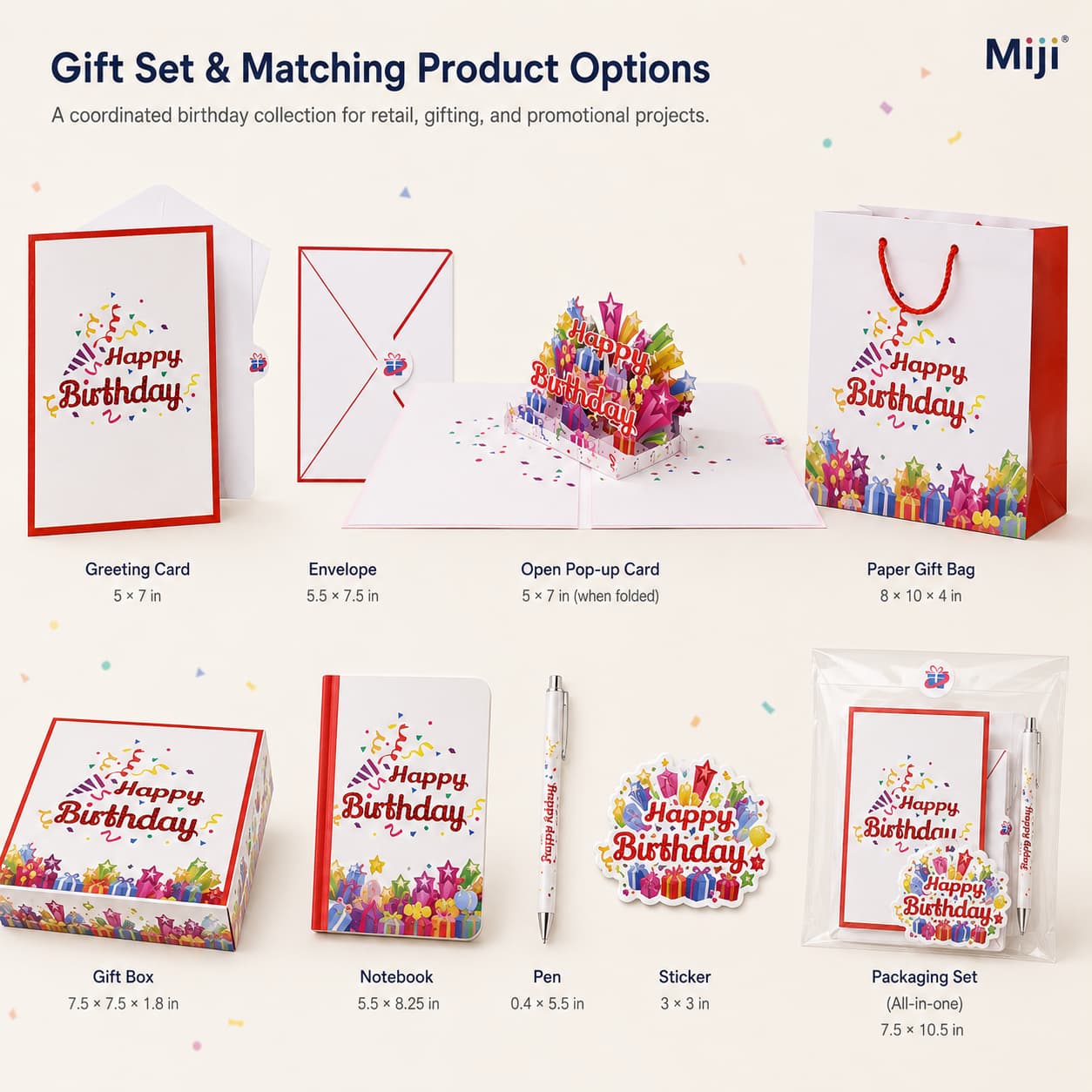 Matching card, envelope, bag, box, notebook, pen and sticker set.