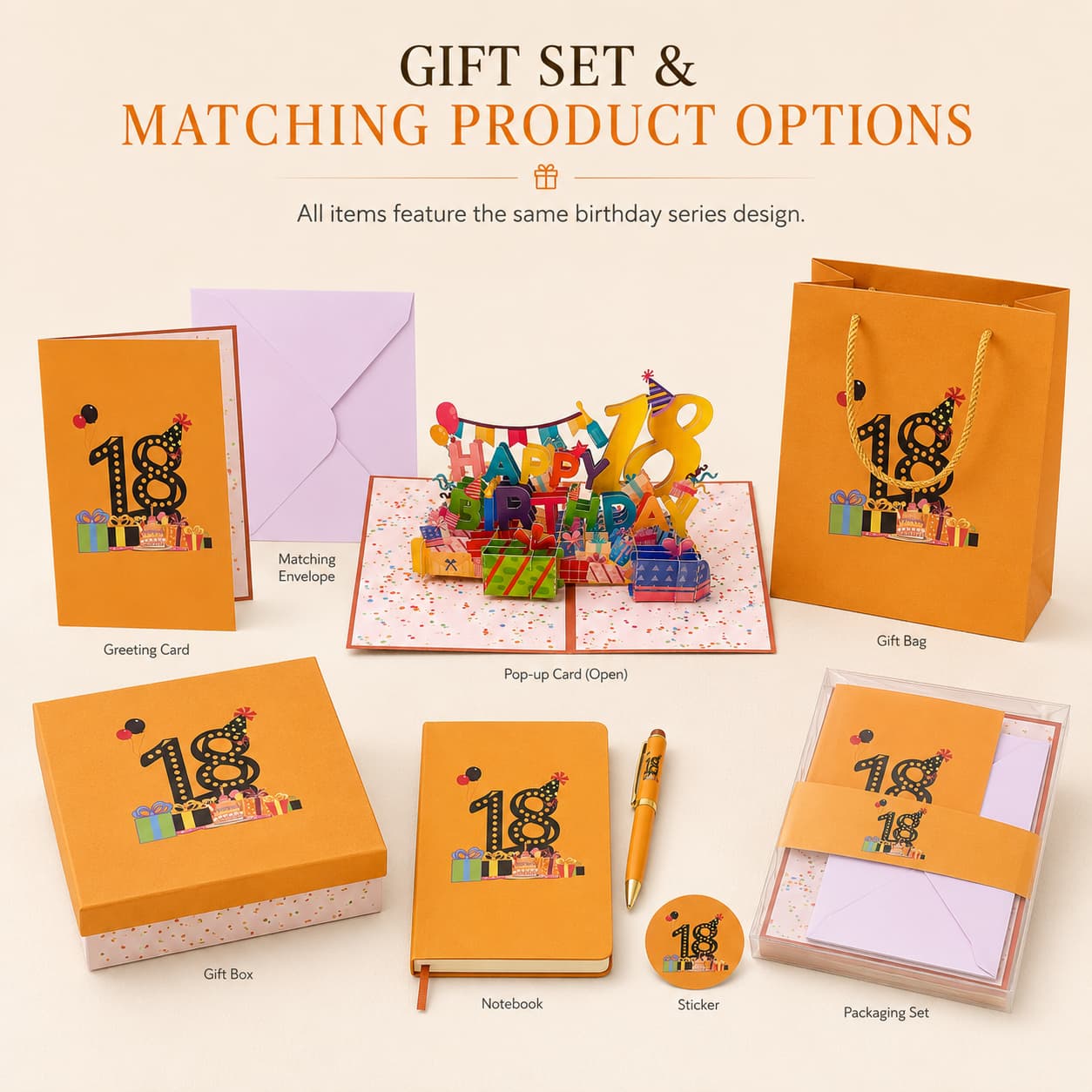 Detail image showing matching birthday series products including greeting card, envelope, gift bag, gift box, notebook, pen, sticker, and packaging set.