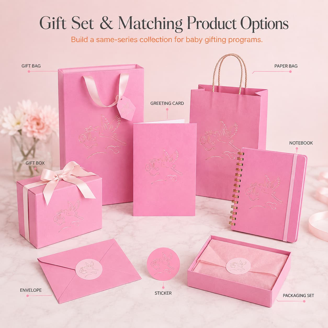 Detail image showing a coordinated baby-themed gift set collection developed from the same design elements.