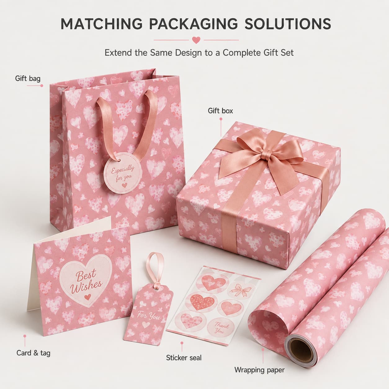 Wrapping paper extended to matching bag, box, card, tag, and sticker.