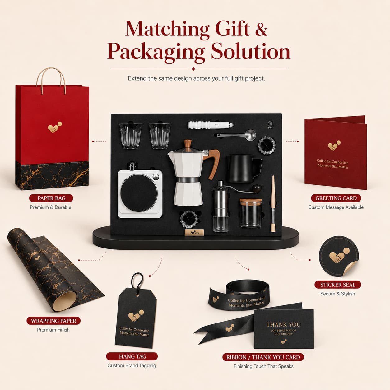 Matching paper bag, card, wrapping paper, sticker, tag, ribbon, and thank-you card for the coffee gift set.