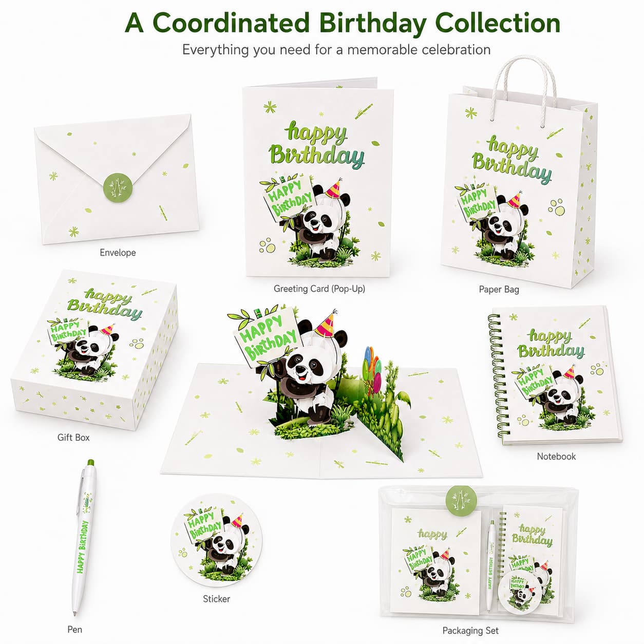 Detail page showing a coordinated panda birthday collection with card, envelope, paper bag, gift box, notebook, pen, sticker and packaging set.