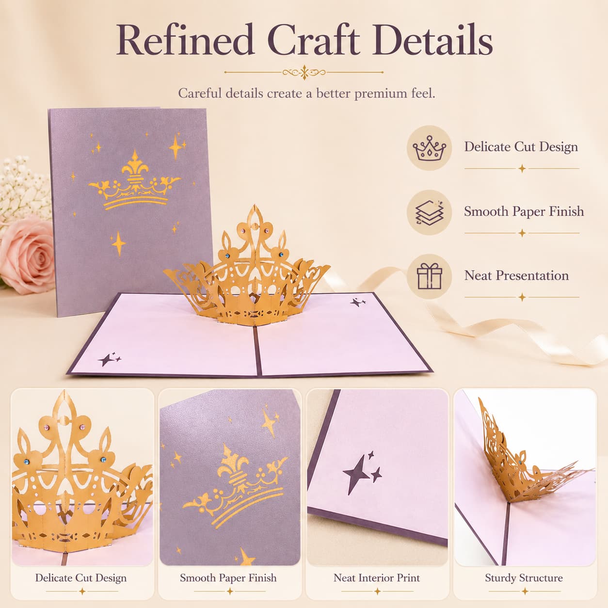 Feature image showing the 3D pop-up structure and visual opening effect of the crown greeting card.