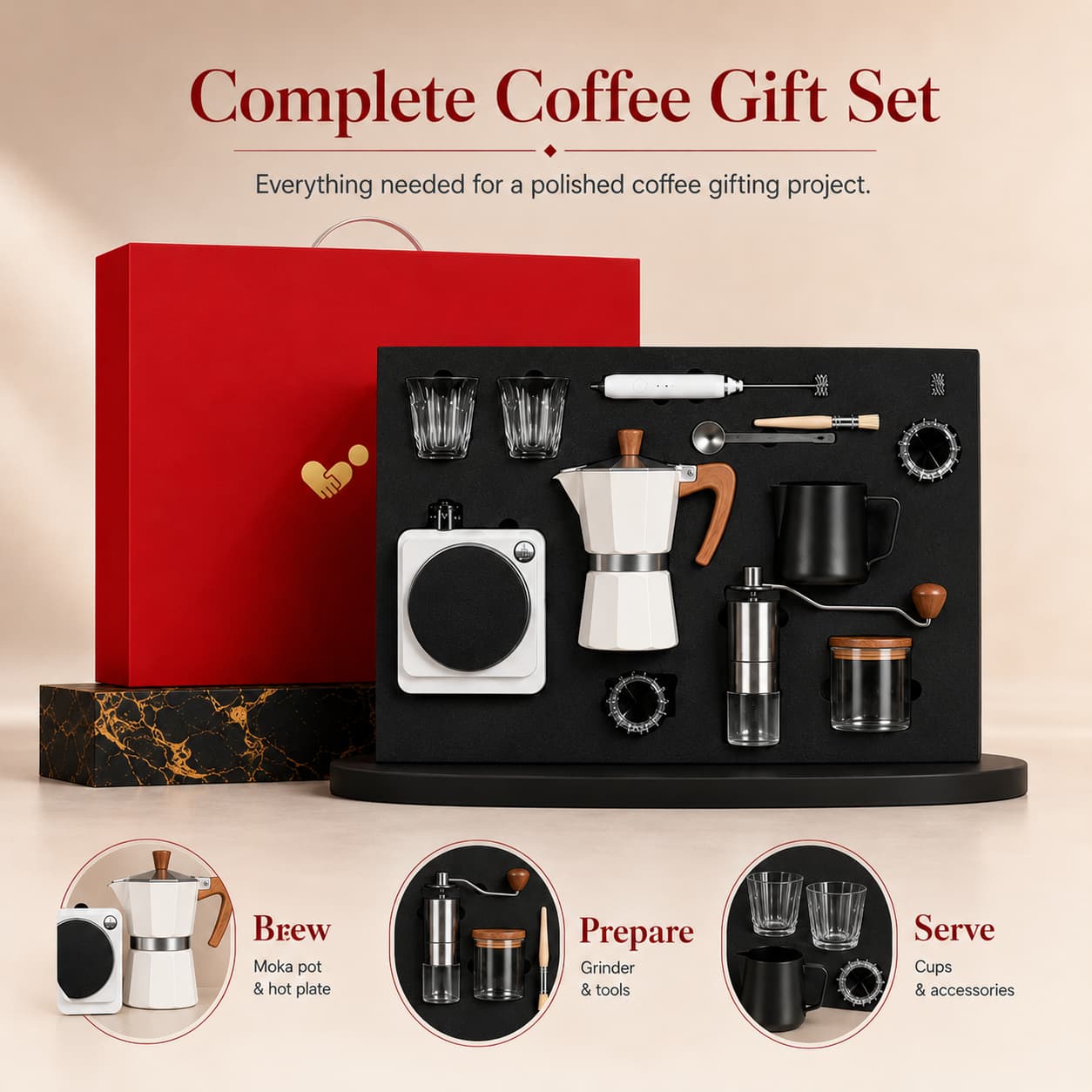 Complete moka pot coffee gift set with brewing, preparation, and serving components highlighted.