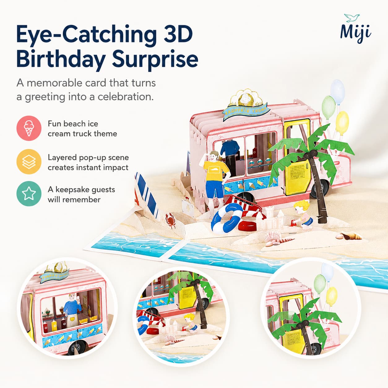 Feature image showing the layered beach ice cream truck 3D pop-up birthday surprise.