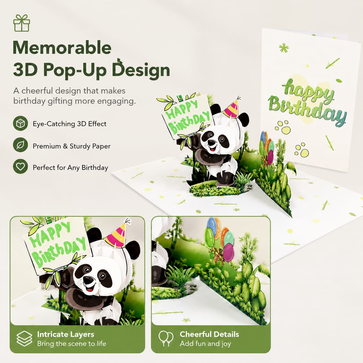 Feature image showing the cheerful 3D panda pop-up structure and birthday presentation.