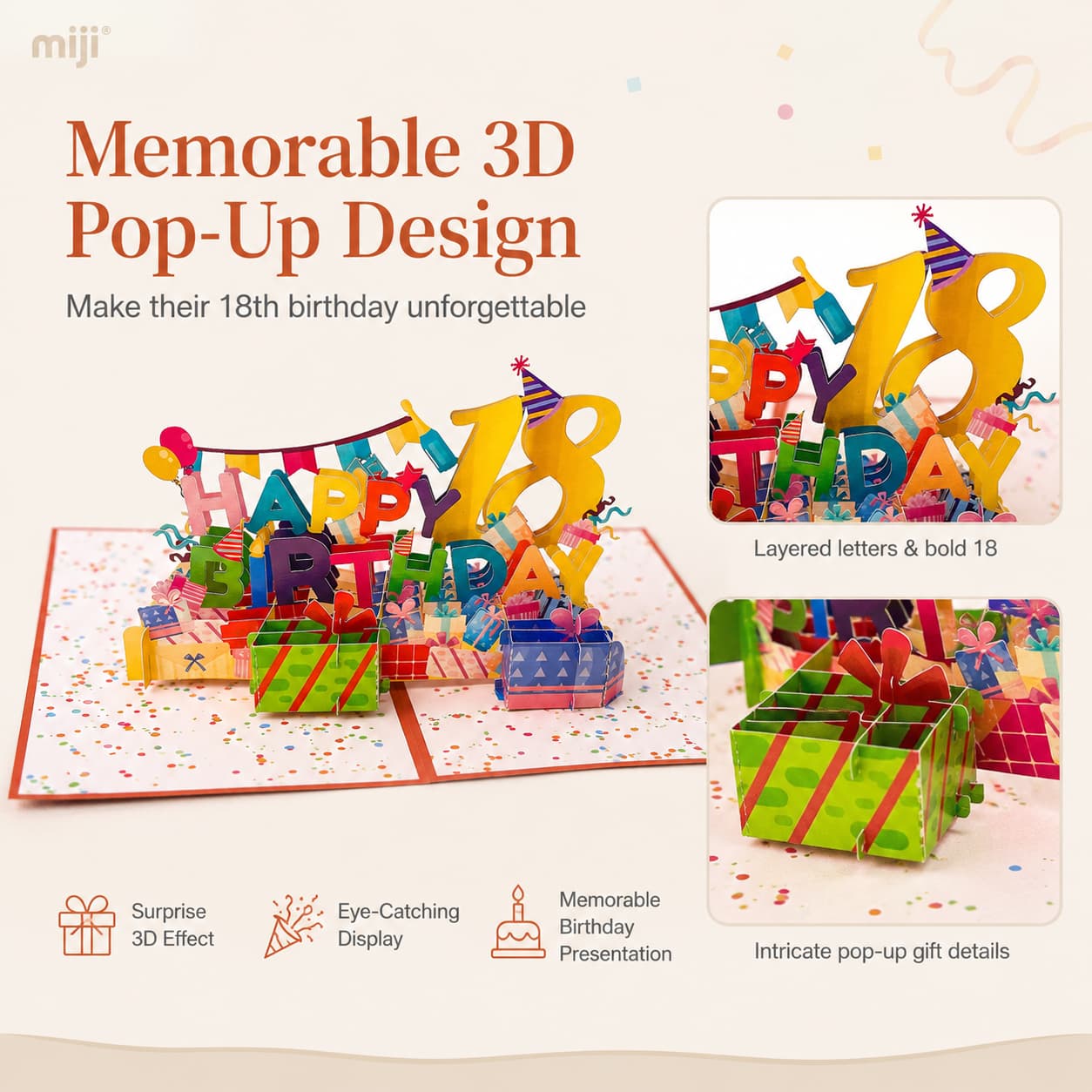 Feature image showing the 18th birthday pop-up structure with layered paper details and gift elements.