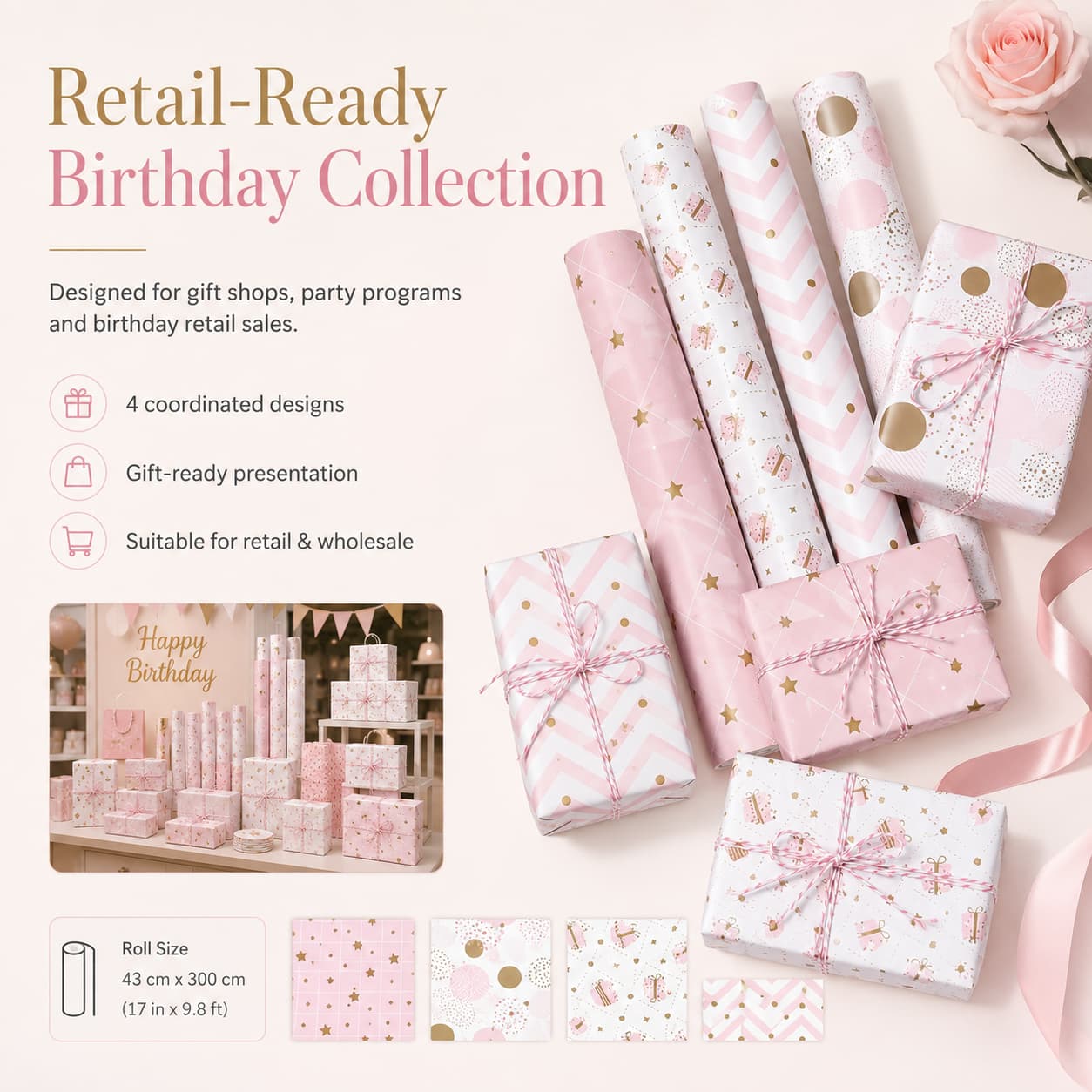 Coordinated birthday wrapping paper collection for retail and wholesale gift packaging programs.