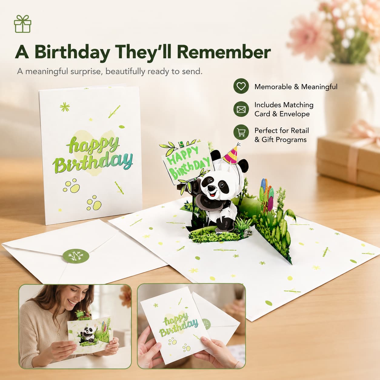 Feature image showing panda birthday card, cover and envelope as a ready-to-gift product set.