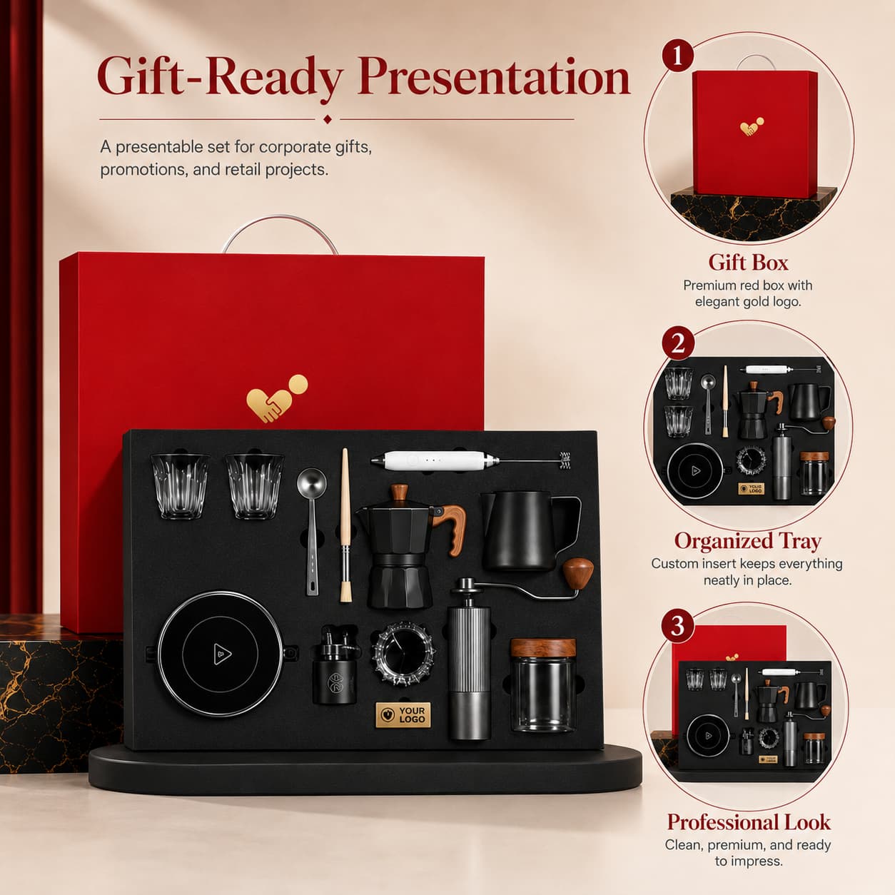 Coffee gift set with red gift box, organized insert tray, and coordinated product presentation.