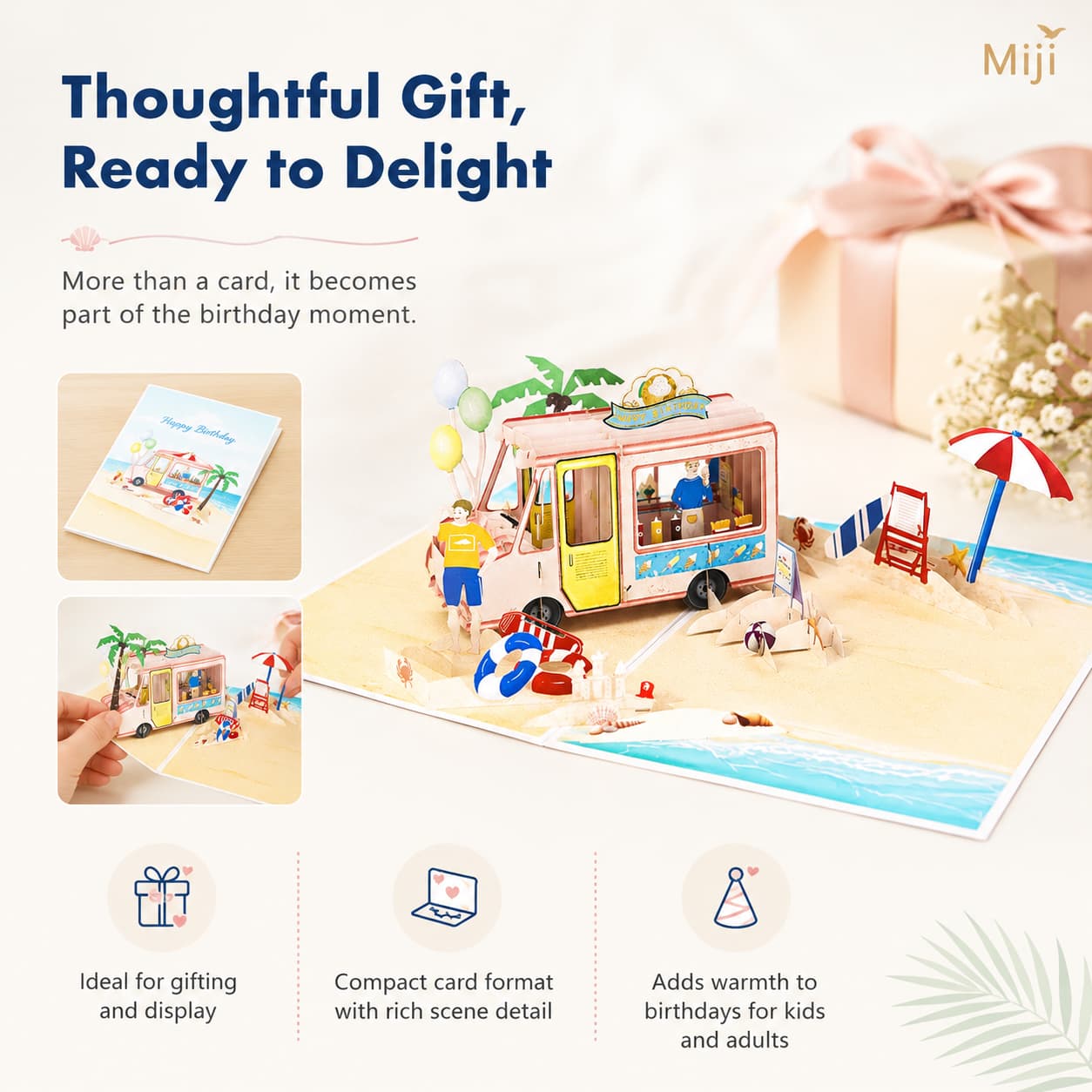 Feature image showing beach birthday pop-up card as a thoughtful ready-to-gift paper product.