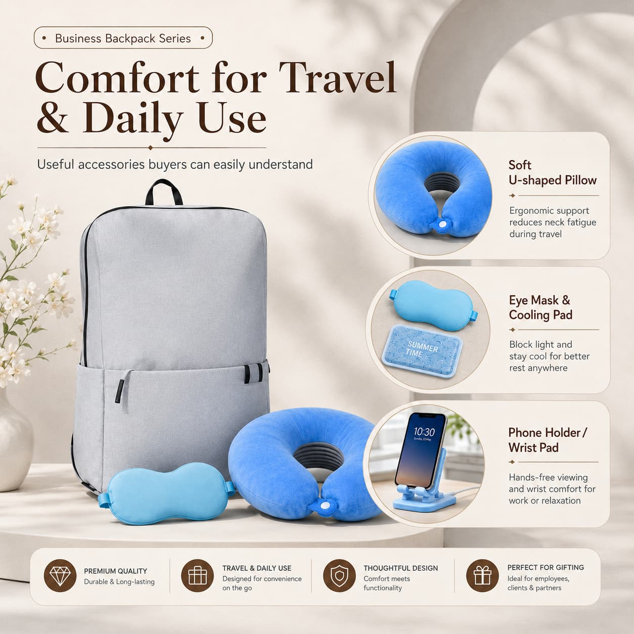business backpack gift set highlighting comfort and daily-use accessories