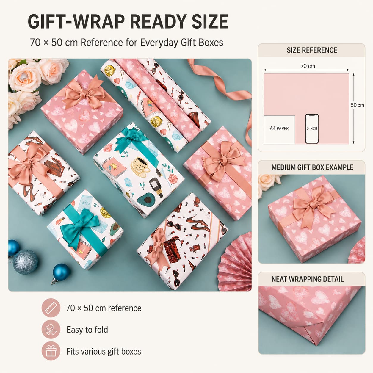 70 x 50 cm reference sheet with wrapped-box and fold details.