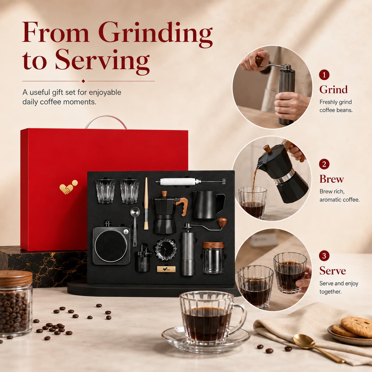 Coffee gift set showing practical grinding, brewing, and serving steps with the included tools.