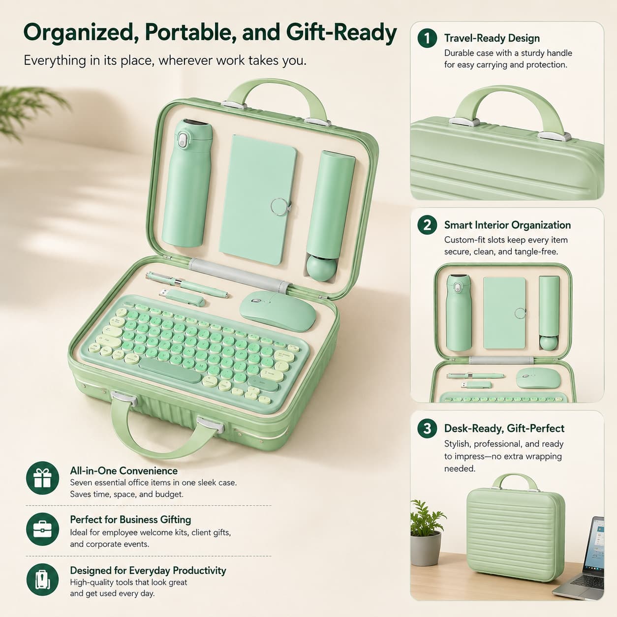 portable office gift set in a structured travel case with organized interior and carry handle