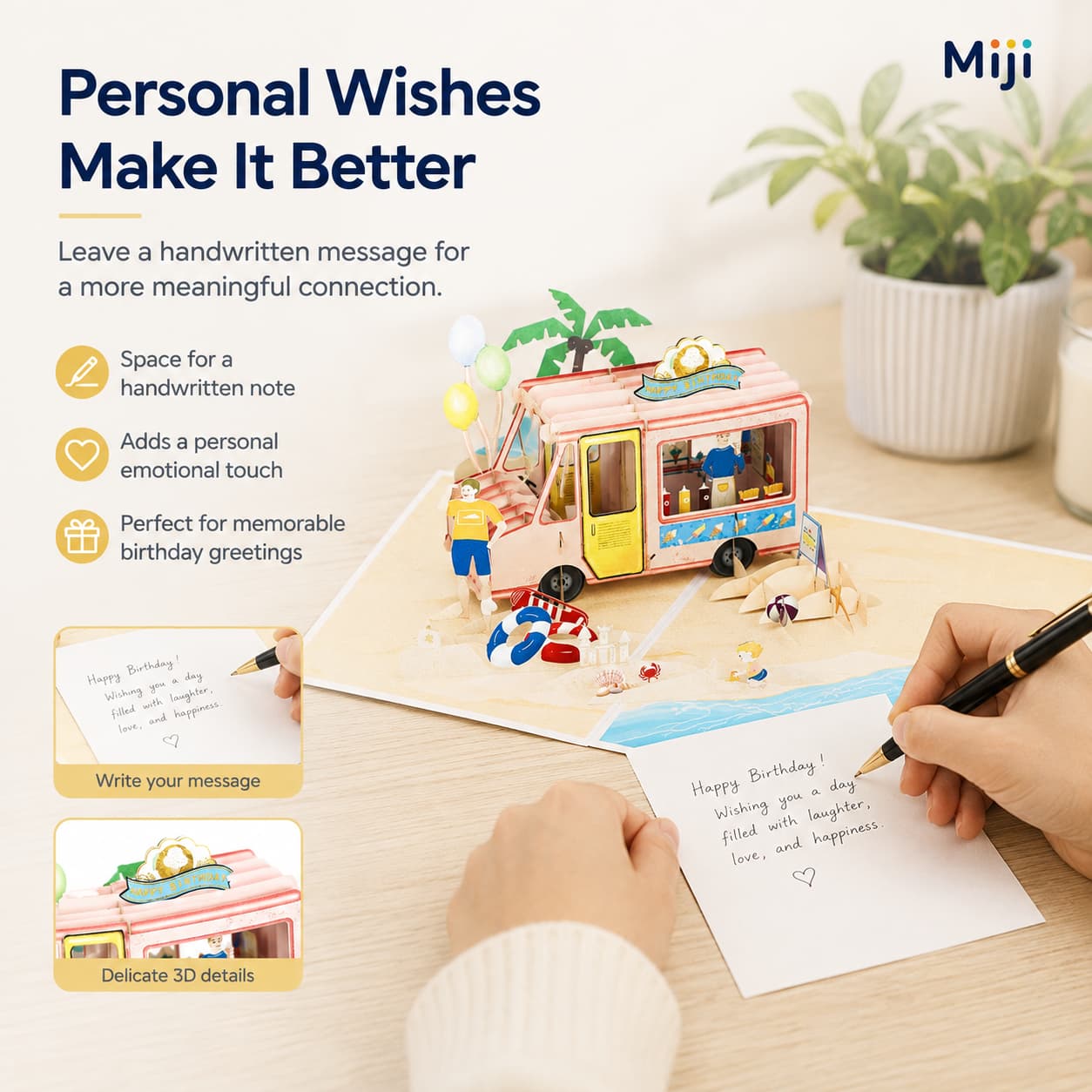 Detail page showing front cover, open display, inner message area and folded format for the pop-up card.